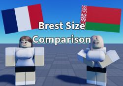 2girls belarus belarusian_flag big_breasts blonde_hair breast_envy breasts brown_hair busty comparing flag france french_flag highres huge_breasts imskip_(artist) jealous joke large_breasts roblox robloxian shirt shorts smile smug text white_shirt