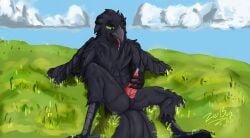 absurd_res anthro avian beak bird black_body black_feathers blackie_(character) bodily_fluids claws corvid corvus_(genus) cum cum_inside erection feathers fur genital_fluids genitals hair hi_res male mammal masturbation nude open_mouth oscine outside passerine penile penile_masturbation penis precum raven simple_background solo tail tongue tongue_out zerbug