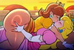 ai_generated ass_grab dumptruck_ass eycocho female female_only kiss kissing lesbian_couple lesbian_kiss lesbians lesbians_kissing mario_(series) princess_daisy princess_peach yuri