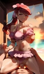 1boy 1girls ai_generated beach big_breasts bra cowgirl_position cum_in_pussy cum_inside female female_penetrated fit_female grabbing_own_breast groping_breasts holding_hands interlocked_fingers kasumi_yoshizawa long_hair looking_at_partner looking_at_viewer looking_pleasured male male/female male_penetrating male_penetrating_female male_pov navel outdoors panties panties_aside persona persona_5 persona_5_royal ponytail pov pussy red_eyes red_hair red_nails riding riding_penis sex slim_waist straight sumire_yoshizawa sunset swimsuit swimsuit_aside thighs tittyg-ai underwear underwear_only vagina vaginal vaginal_penetration vaginal_sex waist_grab