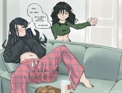 1futa 1girls balls balls_in_panties bed bedroom black_hair black_toenails blush breaking_the_fourth_wall clothed clothing crop_top dark_green_hair dialogue elf elf_ears elf_futanari english_text erection feet female fully_clothed futa_focus futanari girthy_penis green_eyes headphones huge_cock humanoid humanoid_penis light-skinned_female light-skinned_futanari light_skin long_hair looking_at_viewer luna_(streachybear) midriff nipple_bulge nipple_outline nipples pajamas panties partially_clothed penis penis_out penis_visible_through_pants perky_breasts precum precum_drip precum_stain puck_(streachybear) solo_focus stomach streachybear talking_to_viewer testicles text toenail_polish