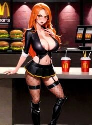 ai_generated angry boots boss bossy crop_top dress fishnets hamburger long_hair mcdonald's miniskirt navel nipple_slip nipples orange_hair restaurant soda tight_clothing tokyo_revengers yellow_eyes yuzuha_shiba