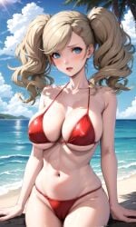 ai_generated ann_takamaki beach belly belly_button big_ass big_breasts bikini bikini_bottom bikini_top blonde_hair blue_eyes covered_nipples leaning leaning_on_wall navel nipple_bulge nipples nipples_visible_through_clothing ocean persona persona_5 red_bikini red_swimsuit swimsuit twintails underboob