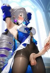 ai_generated arms_behind_head bronya_rand ejaculation erection futanari gerumusi handjob honkai:_star_rail leaning_back projectile_cum sagging_testicles spread_legs veiny_penis