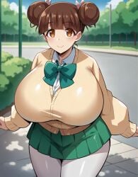 ai_generated bare_legs breasts_bigger_than_head brown_eyes brown_hair fujinoki_nene gigantic_breasts gyaru hair_bun hajimete_no_gal huge_breasts light-skinned_female light_skin looking_at_viewer massive_breasts milkersenjoyer pantyhose shortstack smiling solo_female thick_thighs thighs voluptuous voluptuous_female