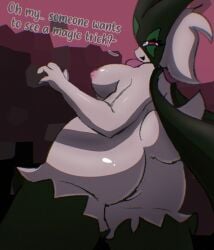 anthro ass big_breasts big_butt breasts female fur generation_9_pokemon green_body green_fur hi_res looking_at_viewer looking_back mask meowscarada nintendo nipples pink_eyes pink_nipples pokemon pokemon_(species) smile solo sylvewithglases tail talking_to_viewer