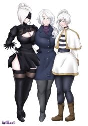 3girls afimaki alternate_version_available big_breasts blindfold blue_coat breasts coat cosplay female female_only fiona_frost_(cosplay) frieren_(cosplay) huge_breasts large_breasts milf mother_and_daughter multiple_girls nier nier:_automata nier_(series) rwby sisters sousou_no_frieren spy_x_family weiss_schnee white_hair willow_schnee winter_schnee yorha_2b_(cosplay)