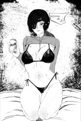 1girls bed beer bikini breasts chainsaw_man female himeno_(chainsaw_man) kaiserart monochrome tagme