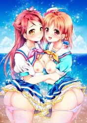 2girls ass breasts geko love_live! love_live!_sunshine!! medium_breasts multiple_girls nipples orange_hair panties panties_down pink_panties red_hair sakurauchi_riko sideboob skirt smile symmetrical_docking takami_chika white_panties yellow_eyes yuri