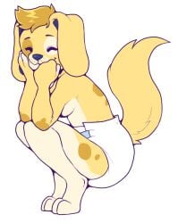 1girls anthro body_fur breasts canine closed_eyes clothed crouching diaper dog_ears female female_only fluffy_tail furry furry_only happy hypermess messy_diaper no_visible_genitalia paws scat solo solo_furry stinky_d0ggo tail tongue tongue_out yellow_fur