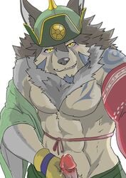 abs anthro canine clothed clothing fur furry gloves grey_fur grin hat holding_penis ilan1985 male male_only mammal pecs penis precum reaching_towards_viewer smile tattoo temujin tokyo_afterschool_summoners topless undressing wolf