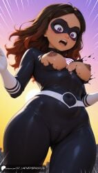 ai_generated aiuniverse56 alya_cesaire black_bodysuit bodysuit breasts breasts_out brown_hair cameltoe covered_navel dark-skinned_female dark_nipples dark_skin domino_mask dutch_angle exploding_clothes from_below gloves lady_wifi long_hair looking_down mask medium_breasts miraculous:_tales_of_ladybug_and_cat_noir miraculous_ladybug mole_above_eye multicolored_hair open_mouth orange_hair plump puffy_pussy purple_eyes shocked shocked_expression stable_diffusion thick_thighs tight_bodysuit tight_clothing torn_bodysuit wave white_gloves wide_hips