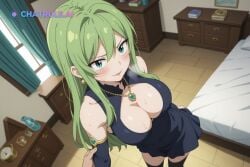 1girl ai_assisted ai_generated anime_coloring anime_screencap bare_legs black_dress black_thighhighs cowboy_shot depth_of_field dick_in_ass dress earrings edens_zero from_behind green_eyes green_hair hair_ornament heavy_breathing highly_detailed indoors jewelry large_breasts long_hair looking_at_viewer messy_hair necklace shirt_pulled_down skirt skirt_lifted smile sweaty warm_lighting white_top