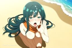 1girl aged_up ai_assisted ai_generated anime_coloring awaiting_cum beach cum_in_hair cum_on_face cum_on_hands fellatio_gesture full_body green_eyes green_hair kneeling long_hair naked open_mouth oral_invitation scarf shizuka tongue_out very_long_hair view_from_above