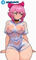 ai_generated boobs boobs_bigger_than_head brawl_stars hair_bow melodie_(brawl_stars) pink_hair shirt wet white_background