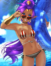 1girls adjusting_eyewear bikini blue_eyes blurry breasts choker collarbone dark_skin earrings high_ponytail hoop_earrings jewelry long_hair looking_at_viewer medium_breasts navel o-ring ocean pointy_ears ponytail purple_hair shantae shantae_(character) side-tie_bikini smile solo stomach striped striped_bikini sunglasses swimsuit very_long_hair water