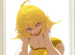 1girls ahoge blonde_hair blue_eyes cleavage dokibird head_wings indie_virtual_youtuber looking_at_viewer see-through_dress vtuber yellow_dress