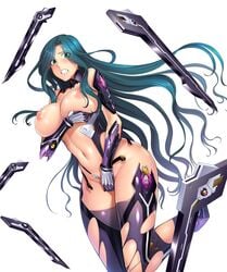 aqua_hair armor bikini_armor blush bodysuit boots breasts curvy erect_nipples female female green_eyes large_breasts lilith-soft long_hair looking_at_viewer makishima_ayame nipples puffy_nipples shiny shiny_hair shiny_skin simple_background taimanin_(series) taimanin_asagi_battle_arena taimanin_kurenai weapon white_background zol