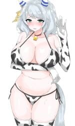 1girls bell_collar bikini blush choker cow_print cow_print_armwear cow_print_bikini cow_print_thighhighs elbow_gloves embarrassed hishi_miracle_(umamusume) horse_girl kumiyabe old_art questionable solo solo_female sweat thighhighs umamusume