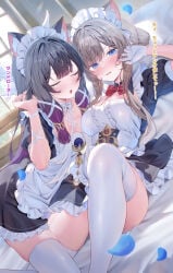 2girls animal_ears bed black_hair blonde_hair blue_eyes blush breasts cat_ears closed_eyes columbina_(genshin_impact) dress embarrassed eyes_closed flustered genshin_impact high_resolution highres leaning leaning_forward legwear long_hair lying lying_on_back lying_on_bed maid_headdress maid_outfit maid_uniform medium_breasts multicolored_hair multiple_girls pekokota purple_hair sandrone_(genshin_impact) sweat thighhighs thighs yuri