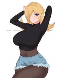 black_pantyhose denim_shorts mario_(series) mrdikwen pantyhose princess_rosalina rosalina turtleneck_crop_top