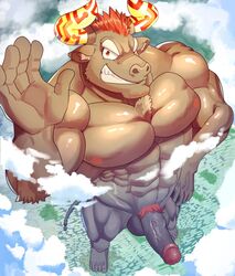 abs anthro big_penis bovine cloud erection grin hair horn macro male male_only mammal muscular muscular_male nipples nude pecs penis pubes red_hair ryulabo smile solo tokyo_afterschool_summoners