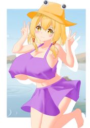 barefoot blush closed_mouth double_v huge_breasts hyper hyper_breasts moriya_suwako nipple_bulge one_leg_up round_breasts smile swimsuit thighs touhou