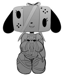 1girls animate_inanimate anthro big_head breasts canine chubby eyelashes female female_only floppy_ears front_view furry greyscale hi_res kneeling looking_at_viewer mammal monochrome navel nintendo nintendo_switch nude pussy ribbons simple_background solo somescrub switch_dog thick_thighs vertical_bar_eyes video_games white_background wide_hips