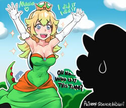 1boy 1girls arms_up bare_shoulders blonde_hair blue_eyes blush breasts brooch bushes cleavage clothing clouds crown dress elbow_gloves eyebrows_visible_through_hair female gloves hands_up hills long_hair male mario mario_(series) new_super_mario_bros._u_deluxe nintendo open_mouth pale_skin sereneandsilent sharp_teeth shell silhouette sparkle super_crown super_mario_odyssey sweatdrop tail text wide_hips yoshette yoshi