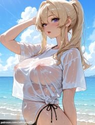 1girl ai_generated arlequin097 arm_behind_back arm_behind_head arm_up beach bikini bikini_bottom_only blonde_hair blue_sky blush breasts casual_one-piece_swimsuit cloud covered_navel covered_nipples day goddess_of_victory:_nikke hair_between_eyes hair_intakes helm_(nikke) highleg highleg_swimsuit large_breasts lips long_hair looking_at_viewer nikke nipples ocean one-piece_swimsuit open_mouth outdoors parted_lips ponytail purple_eyes sand see-through see-through_shirt see-through_swimsuit shirt short_sleeves side-tie_bikini_bottom sidelocks sky solo swimsuit swimsuit_under_clothes tied_shirt water wet wet_clothes wet_shirt wet_swimsuit white_one-piece_swimsuit white_shirt