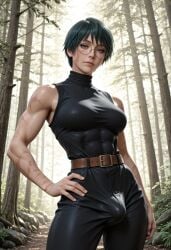 1futa abs ai_generated athletic athletic_futa breasts brown_eyes bulge bulge_through_clothing fit fit_futa futanari glasses green_hair jujutsu_kaisen maki_zenin muscular muscular_futa scar scar_on_face scars short_hair sparcy zenin_maki
