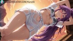1girls ai_generated arms_behind_head artist_name artist_signature blush breasts hi_res high_resolution highres koyomi_hasunuma kurutai large_breasts long_hair looking_at_viewer navel no_bra no_panties outdoors purple_eyes purple_hair see-through see-through_silhouette shirt smile solo subscribestar subscribestar_username sweat uncensored underboob wet wet_clothes wet_shirt zatsu_tabi