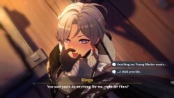 2boys ahoge artstyle_imitation blowjob_gesture blue_eyes blush clothed dialogue ear_piercing earrings english english_text fake_screenshot fellatio_gesture first_person_view flins_(genshin_impact) gay gay_male genshin_impact gloves grey_hair illuga_(genshin_impact) imminent_blowjob imminent_fellatio imminent_oral imminent_sex inviting inviting_to_oral inviting_to_sex light-skinned_male light_skin male male/male male_focus male_only male_pov mole mole_under_eye multicolored_eyes open_mouth piercing pov red_eyes solo_focus tongue tongue_out yaoi