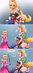 1boy 2girls adyon ass big_breasts blonde_hair blush bowsette breasts cleavage comic dominatrix english_text female funny male mario mario_(series) midriff multiple_girls new_super_mario_bros._u_deluxe nintendo panties princess_peach rule_63 shell shocked speech_bubble super_mario_bros. tail underwear whip