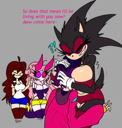 1boy 3girls clothed clothing hedgehog_girl hugging human jmcchannel mobian_(species) not_porn sonic.exe_(series) text w.res