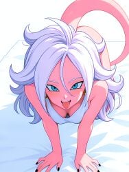 1girl :d absurd_res absurdres ai-created ai-generated ai_art ai_generated all_fours android_21 artist_name athletic_female bare_shoulders black_nails blue_eyes boobs bottomless breasts bust chest cleavage colored_skin downblouse dragon_ball dragon_ball_super dragon_ball_z earrings female fit_female gumtoof hair_between_eyes hi_res high_quality high_resolution jewelry long_hair looking_at_viewer majin majin_android_21 medium_breasts morning nail_polish open_mouth patreon patreon_username pink_skin pointy_ears small_breasts smile solo solo_focus stable_diffusion tagme tail tank_top tits tongue tongue_out uncensored white_hair