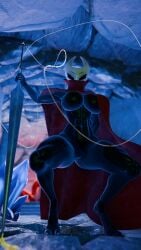 1girls 3d 3d_(artwork) anthro arthropod artist_logo artist_name big_breasts blender bottomless breasts cape cave cloak clothed clothing crystals dark_lighting female female_only hollow_knight hollow_knight:_silksong hornet_(hollow_knight) hymenopteran insects large_breasts looking_at_viewer melee_weapon mostly_nude muffintop20 muscular muscular_abs muscular_anthro muscular_arms muscular_female muscular_thighs outerwear presenting red_cape seductive_eyes seductive_look self_upload sfw sfw_version silk silksong thick_thighs watermark weapon