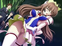 1girl 2000s_(style) 2boys blush breasts brown_hair censored center_opening closed_eyes clothes_lift game_asset hetero large_breasts long_hair magical_girl mahou_senshi_(series) mahou_senshi_symphonic_knights mosaic_censoring multiple_boys night no_panties non-web_source official_art open_mouth outdoors public_indecency pussy pussy_juice saitou_natsuki self-datamine skirt skirt_lift symphonic_lily thighhighs upskirt variant_set visual_novel_cg wavy_mouth wind wind_lift yurise_ririna