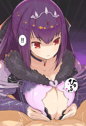 1boy 1girls breasts cleavage clothed_paizuri cum ejaculation fate/grand_order fate_(series) female fringe large_breasts light-skinned_female light-skinned_male light_skin long_hair mikasayaki paizuri purple_hair red_eyes scathach_(fate) scathach_skadi translated