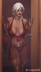 3d ana_amari big_breasts bush cleavage dark-skinned_female dark_skin female female_only gilf holding_condom mature mature_female nightgown old_ana_amari overwatch pubic_hair rawgum solo solo_female white_hair
