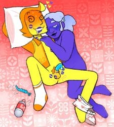 2026 blue_(deltarune) boyfriends canon_couple condom condom_on_penis couple_(romantic) couple_love cuddling deltarune deltarune_chapter_5 digital_art fully_nude interracial_yaoi lipstick lipstick_mark lipstick_on_ass lipstick_on_balls lipstick_on_legs lipstick_on_penis lube_bottle male male/male male_only no_sex partially_clothed pattern_background sex_toy spiral_eyes yaoi yellow_(deltarune)