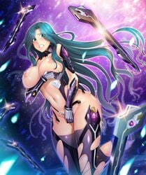 aqua_hair armor bikini_armor blush bodysuit boots breasts curvy erect_nipples female green_eyes large_breasts lilith-soft long_hair looking_at_viewer makishima_ayame nipples puffy_nipples shiny shiny_hair shiny_skin taimanin_(series) taimanin_asagi_battle_arena taimanin_kurenai torn_clothes weapon zol