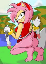 absurd_res amy_rose anthro ass barefoot big_butt bottomless clothed clothing clothing_lift dress dress_lift feet female hedgehog hi_res legwear looking_at_viewer looking_back mammal nasiri_(artist) no_underwear pink_hair socks soles sonic_(series) toes video_games