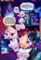 1boy 1girls bare_arms bare_shoulders big_breasts black_body black_hair blonde_hair blue_eyes charlie_morningstar_(hazbin_hotel) color comic demon demon_boy demon_girl demon_horns demon_tail english_text female hazbin_hotel hi_res horns kissing large_breasts light-skinned_female light_skin male male/female red_eyes short_hair text text_bubble thick_thighs zalgrath