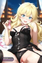 1girl after_sex ai_assisted ai_generated bare_shoulders bedroom black_lingerie black_stockings blonde_hair blue_eyes bunny_ear condom cum_covered cum_on_body cum_on_clothes cum_on_face filled_condom highres holding_used_condom laying_on_back laying_on_bed long_hair messy_hair night nipples official_art on_back panties_aside pleasure shocked_eyes small_breasts thick_cum tiny_tits wavy_hair white_curtains