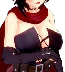 1girls arm_under_breasts black_hair black_hair_female cleavage clothed_female red_highlights ruby_rose rwby solo_female submergedbird