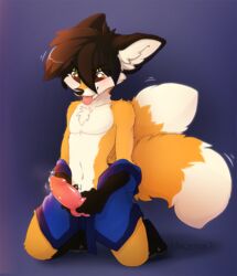 2018 anthro balls canine clothing fluffy fluffy_tail fox knot magenta7 male male_only mammal penis precum robe sabre_dacloud solo