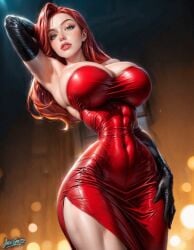 ai_generated animated gif huge_breasts jessica_rabbit latex_dress latex_gloves thighs walking_towards_viewer