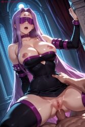 1boy 1girl ai_generated blindfold breasts clitoris detached_sleeves dress erection facial_mark fate_(series) forehead_mark girl_on_top hetero hi_res high_quality high_resolution kiraamane large_breasts long_hair medusa_(fate) nipples open_mouth out_of_frame patreon penis purple_hair pussy pussy_juice rider seductive sex sexy shiny shiny_skin short_dress solo_focus spread_legs strapless strapless_dress sweat thighhighs tongue uncensored vaginal very_long_hair watermark