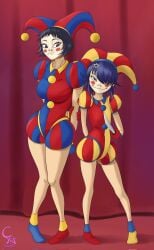 2girls cockstar_studios cosplay cyborg_noodle evil_pomni_(the_amazing_digital_circus) gorillaz noodle_(gorillaz) pomni_(the_amazing_digital_circus) the_amazing_digital_circus voluptuous_female